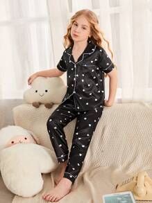 女孩愛心圖案拼接滾邊緞面睡衣套裝 - 黑色 - 查看 1