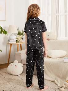 女孩愛心圖案拼接滾邊緞面睡衣套裝 - 黑色 - 查看 2