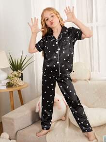 女孩愛心圖案拼接滾邊緞面睡衣套裝 - 黑色 - 查看 4