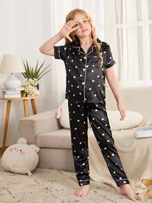 女孩愛心圖案拼接滾邊緞面睡衣套裝 - 黑色 - 查看 5