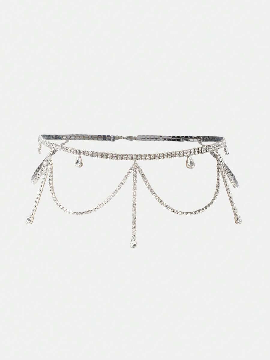 SHEIN SXY 奢華鋅合金水鑽裝飾腰鏈適合女士日常裝飾 - 銀色 - 查看 1