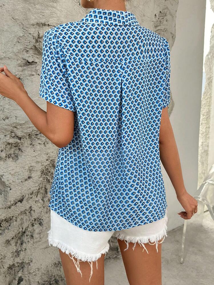 SHEIN Privé Allover Print Button Front Shirt - Blue and White - View 2