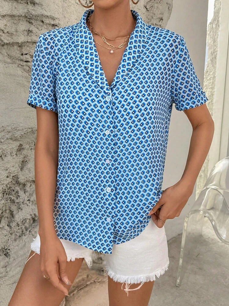SHEIN Privé Allover Print Button Front Shirt - Blue and White - View 5