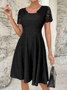 SHEIN Privé Đầm Tương phản ren màu trơn Giải trí - màu đen - Xem 1