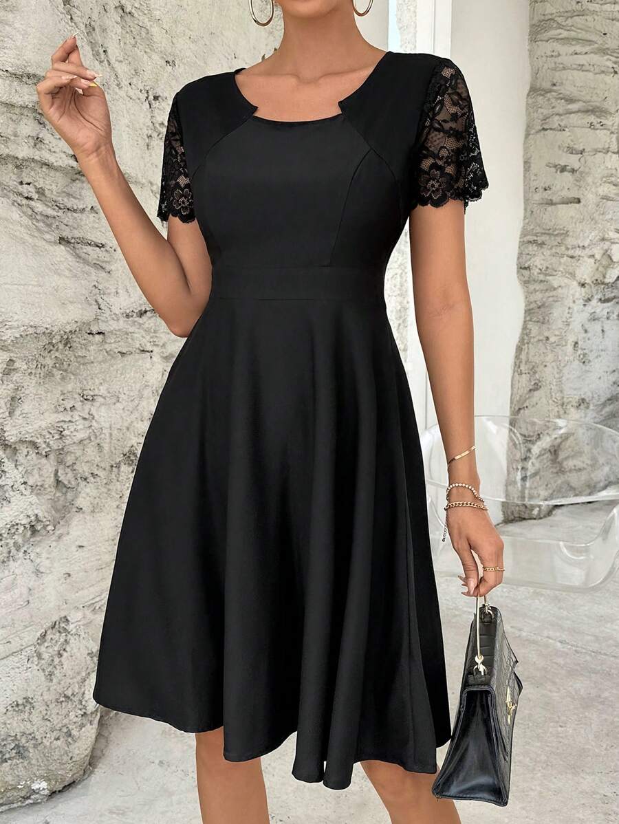 SHEIN Privé Đầm Tương phản ren màu trơn Giải trí - màu đen - Xem 1