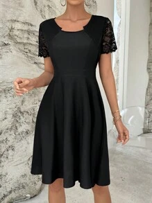 SHEIN Privé Đầm Tương phản ren màu trơn Giải trí - màu đen - Xem 5