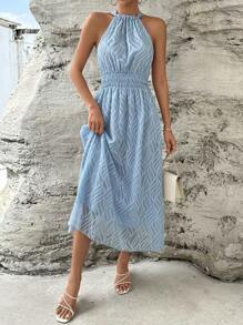 SHEIN Privé Solid Halter Neck Dress - Blue - View 5