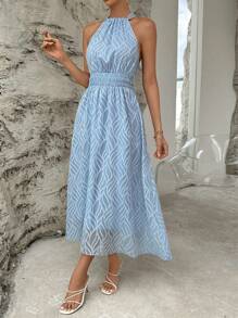SHEIN Privé Solid Halter Neck Dress - Blue - View 1
