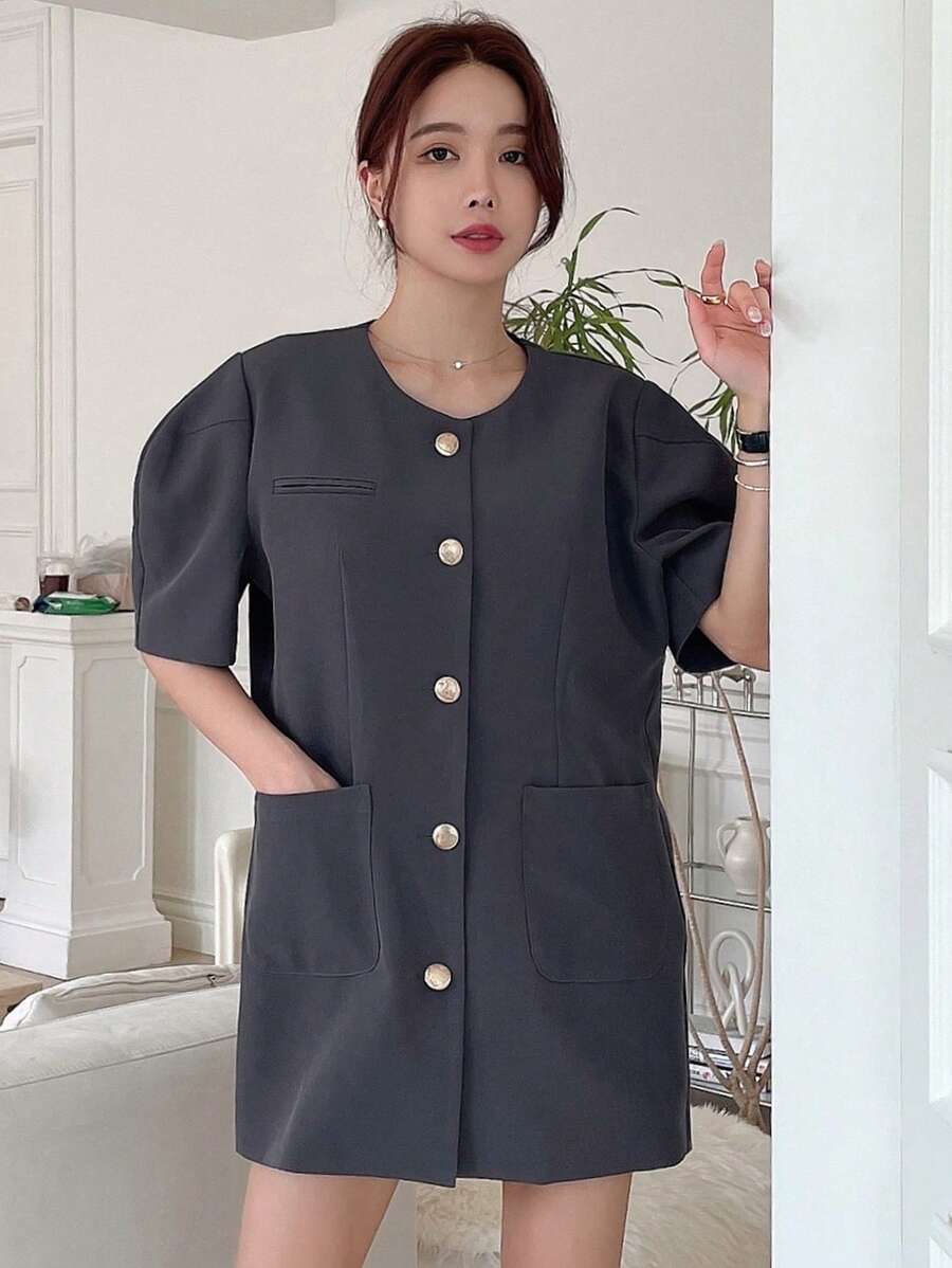 DAZY Dual Pocket Puff Sleeve Button Through Coat Women Jacket,Fall Women Clothes - Grey - View 1