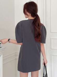 DAZY Dual Pocket Puff Sleeve Button Through Coat Women Jacket,Fall Women Clothes - Grey - View 2