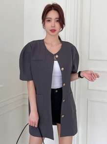 DAZY Dual Pocket Puff Sleeve Button Through Coat Women Jacket,Fall Women Clothes - Grey - View 3