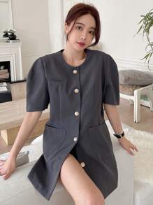 DAZY Dual Pocket Puff Sleeve Button Through Coat Women Jacket,Fall Women Clothes - Grey - View 5