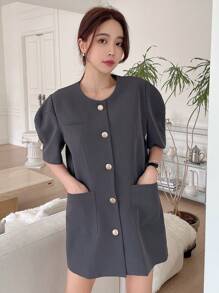 DAZY Dual Pocket Puff Sleeve Button Through Coat Women Jacket,Fall Women Clothes - Grey - View 7