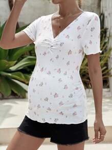 SHEIN Maternidad Camiseta con estampado floral fruncido fruncido ribete en forma de lechuga - Blanco - Ver 3