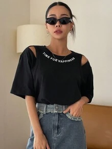 DAZY Áo thun nữ Cắt ra Slogan Giải trí - màu đen - Xem 1