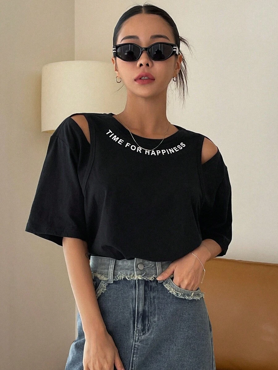 DAZY Áo thun nữ Cắt ra Slogan Giải trí - màu đen - Xem 1