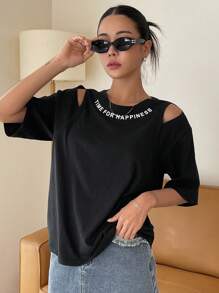 DAZY Áo thun nữ Cắt ra Slogan Giải trí - màu đen - Xem 3