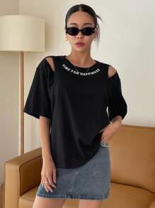 DAZY Áo thun nữ Cắt ra Slogan Giải trí - màu đen - Xem 4