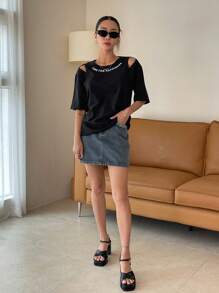 DAZY Áo thun nữ Cắt ra Slogan Giải trí - màu đen - Xem 5