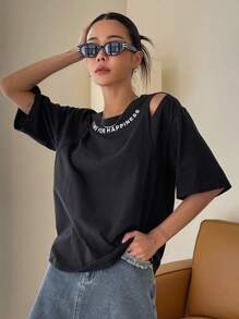 DAZY Áo thun nữ Cắt ra Slogan Giải trí - màu đen - Xem 6