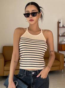 DAZY Áo dệt kim nữ Gân đan Sọc Giải trí - Màu be - Xem 1