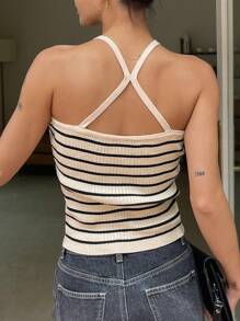 DAZY Áo dệt kim nữ Gân đan Sọc Giải trí - Màu be - Xem 2