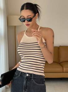 DAZY Áo dệt kim nữ Gân đan Sọc Giải trí - Màu be - Xem 3