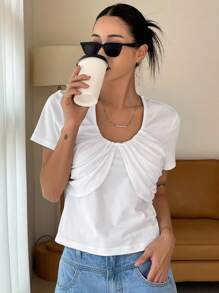 DAZY Solid Ruched Front Tee - White - View 1