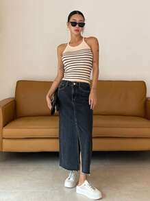 DAZY Áo dệt kim nữ Gân đan Sọc Giải trí - Màu be - Xem 5