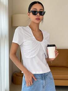 DAZY Solid Ruched Front Tee - White - View 3