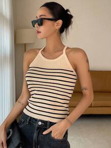 DAZY Áo dệt kim nữ Gân đan Sọc Giải trí - Màu be - Xem 8