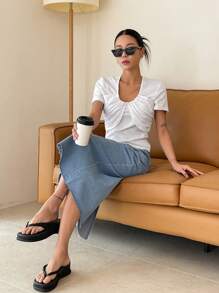 DAZY Solid Ruched Front Tee - White - View 4