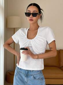 DAZY Solid Ruched Front Tee - White - View 5