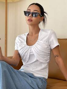 DAZY Solid Ruched Front Tee - White - View 6