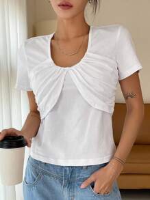 DAZY Solid Ruched Front Tee - White - View 7