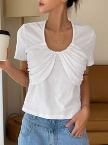 DAZY Solid Ruched Front Tee - White - View 8