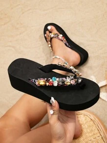 水鑽點綴厚鞋底涼拖 - 黑色 - 查看 1