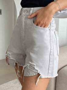 DAZY Quần short denim với các đường viền thô rách - trắng - Xem 4