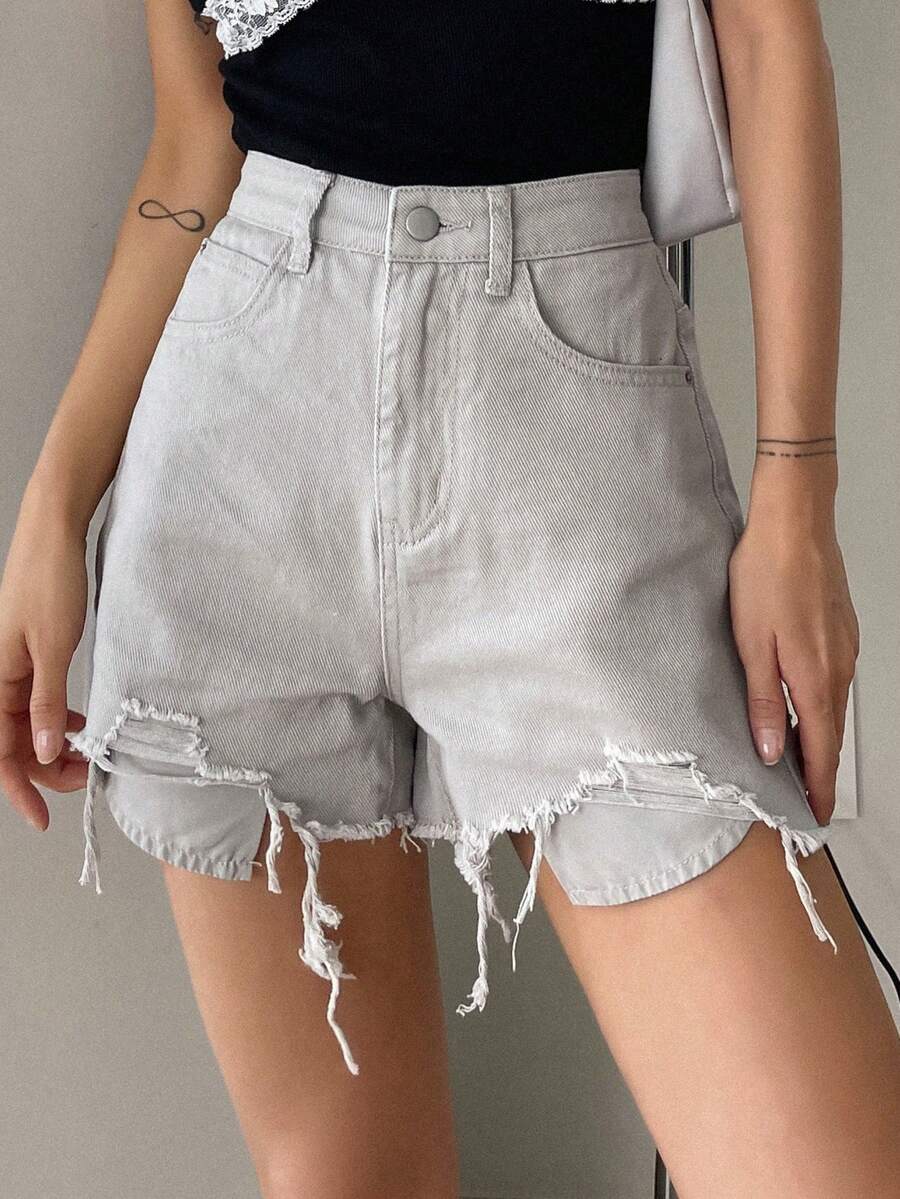 DAZY Quần short denim với các đường viền thô rách - trắng - Xem 1