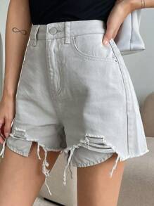DAZY Quần short denim với các đường viền thô rách - trắng - Xem 6