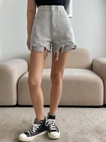 DAZY Quần short denim với các đường viền thô rách - trắng - Xem 7