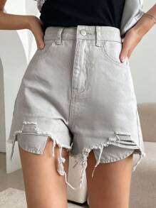 DAZY Quần short denim với các đường viền thô rách - trắng - Xem 8