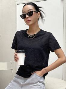 DAZY Solid Round Neck Sheer Mesh Top - Black - View 1