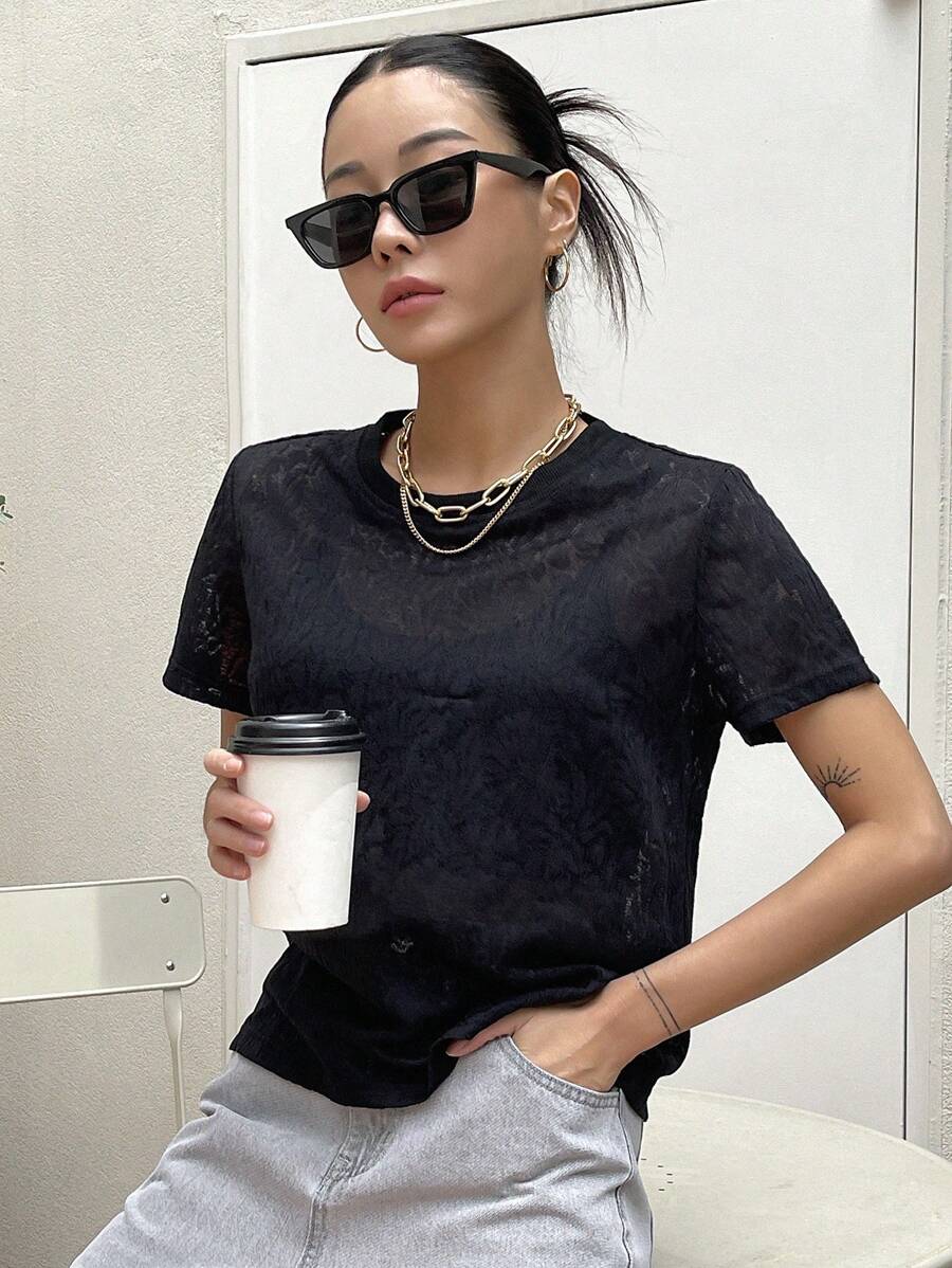 DAZY Solid Round Neck Sheer Mesh Top - Black - View 1