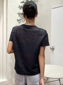 DAZY Solid Round Neck Sheer Mesh Top - Black - View 2