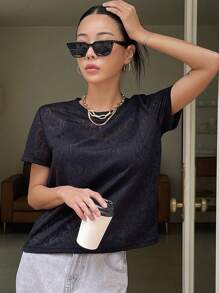 DAZY Solid Round Neck Sheer Mesh Top - Black - View 4