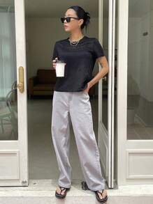 DAZY Solid Round Neck Sheer Mesh Top - Black - View 5