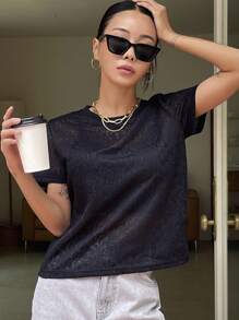 DAZY Solid Round Neck Sheer Mesh Top - Black - View 6
