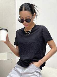 DAZY Solid Round Neck Sheer Mesh Top - Black - View 7