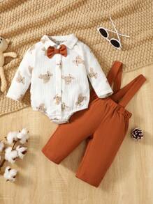 SHEIN 嬰兒男孩熊印花蝴蝶結前衣身+吊帶褲 - 彩色 - 查看 1